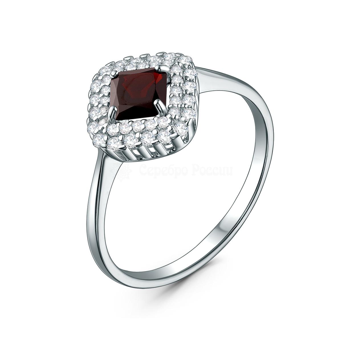 Кольцо из серебра с гранатом и фианитами родированное К50083р404