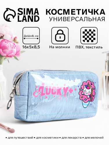 Косметичка на молнии, с подкладом, с принтом, голубая