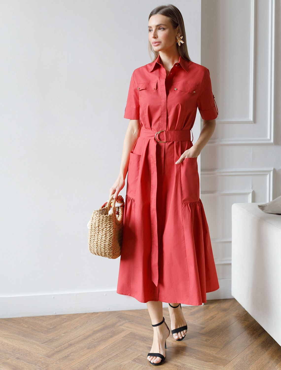 Платье из легкого хлопкового поплина D22.206 темно-красный