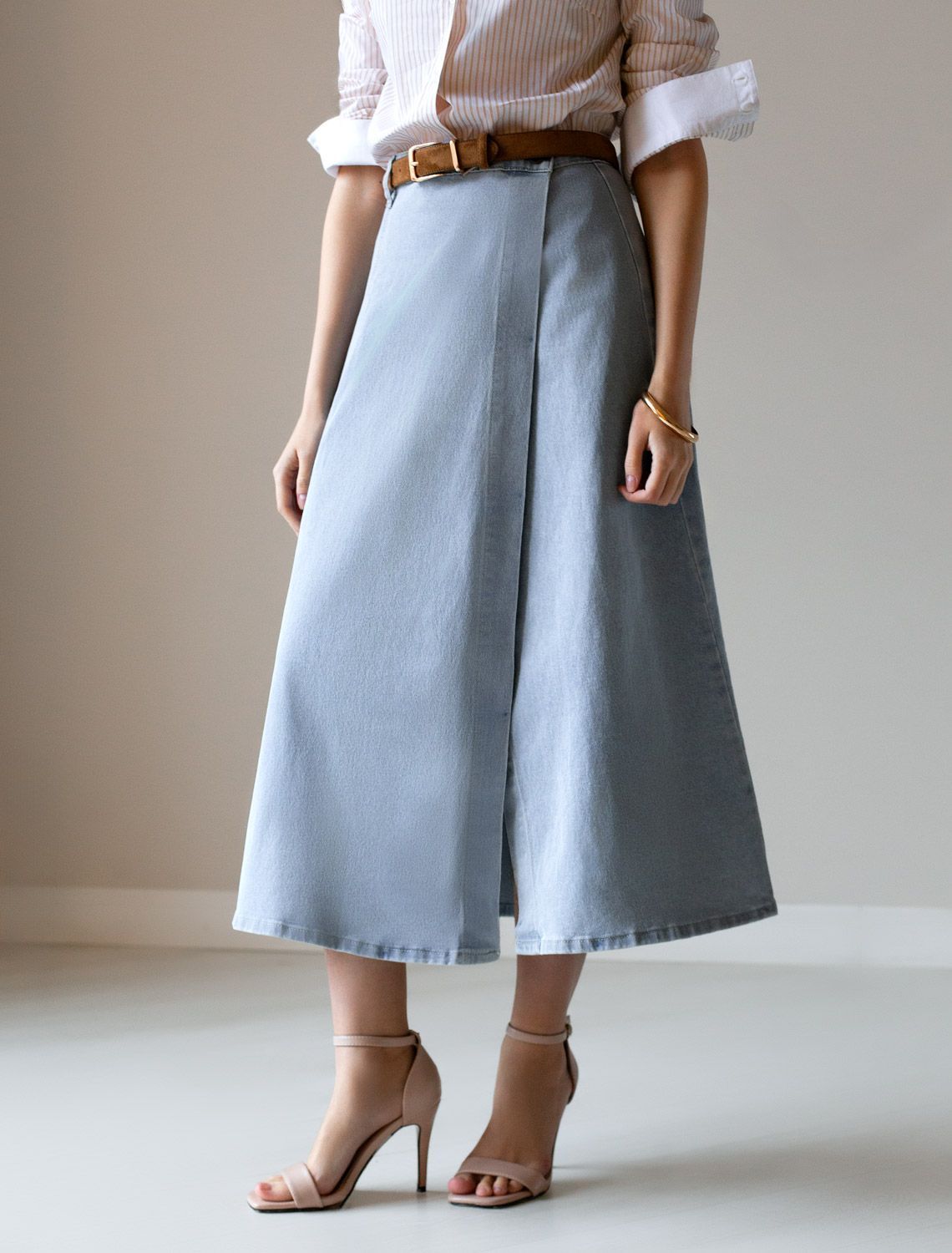Юбка на запАх из эластичного денима D56.112 светло-голубой