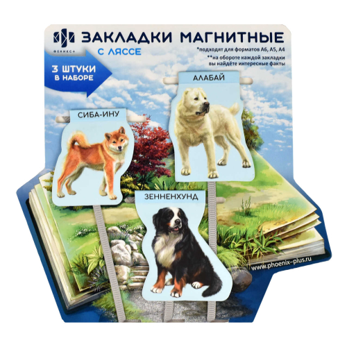Набор закладок-ляссе магнитных для книг размер 40x52; 40x45; 45x52, 3 шт. в наборе, полноцветный дизайн, софт-тач ламинация, фигурная вырубка, интересные факты на обороте