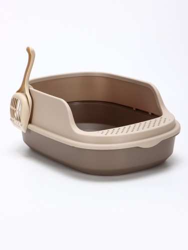 Лоток для кошек Фур-Мур 48×35.5 cм с высоким бортом + совок,Soft-touch, капучино