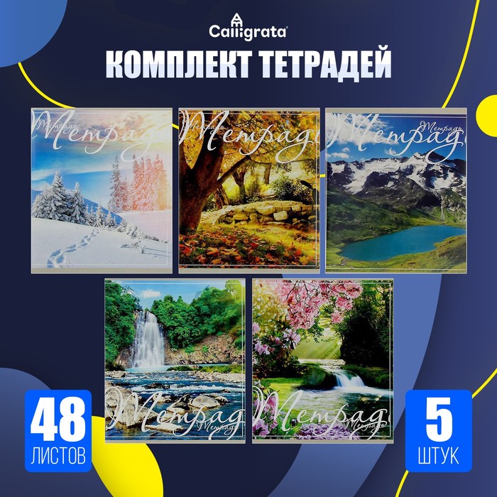 Набор тетрадей 48 листов в клетку Calligrata «Пейзаж», обложка мелованный картон, серые листы, 5 шт.