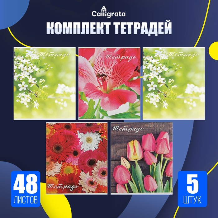 Набор тетрадей 48 листов в клетку, Calligrata «Цветы», обложка мелованная бумага, серые листы, 5 шт.