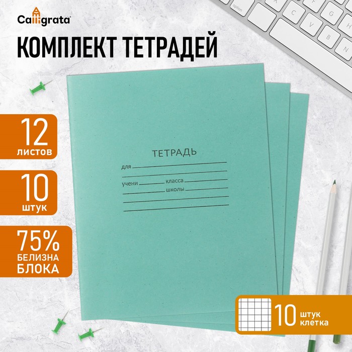 Набор тетрадей 12 листов в клетку «Зелёная обложка», серые листы, 10 шт.