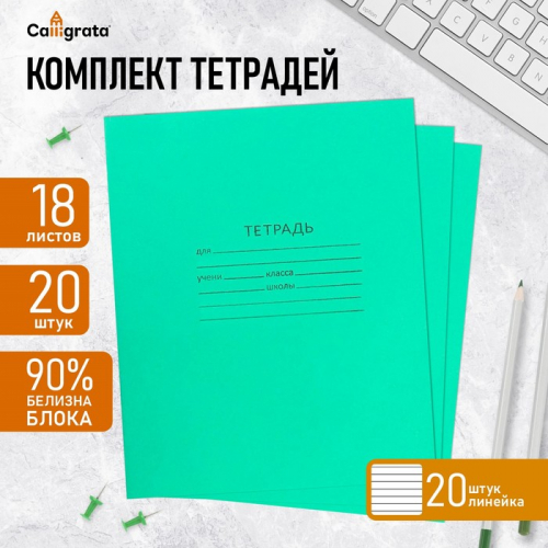 Набор тетрадей 18 листов в линейку «Зелёная обложка», белые листы, 20 шт.