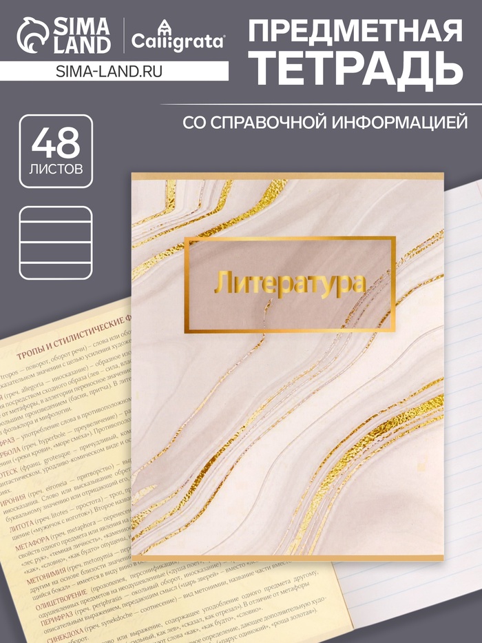Тетрадь предметная 48 листов в линейку Calligrata, «Мрамор светлый. Литература», обложка мелованный картон