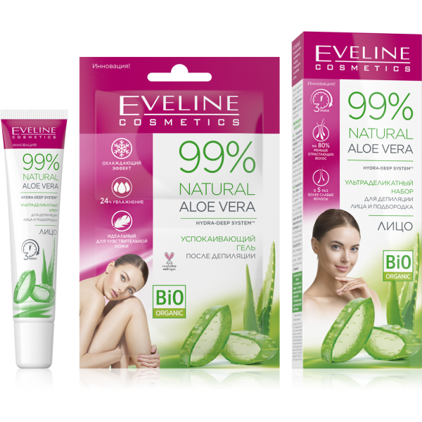 Eveline 99% NATURAL ALOE VERA Набор: крем д/депиляции лица и подбородка + гель п/депиляции.5