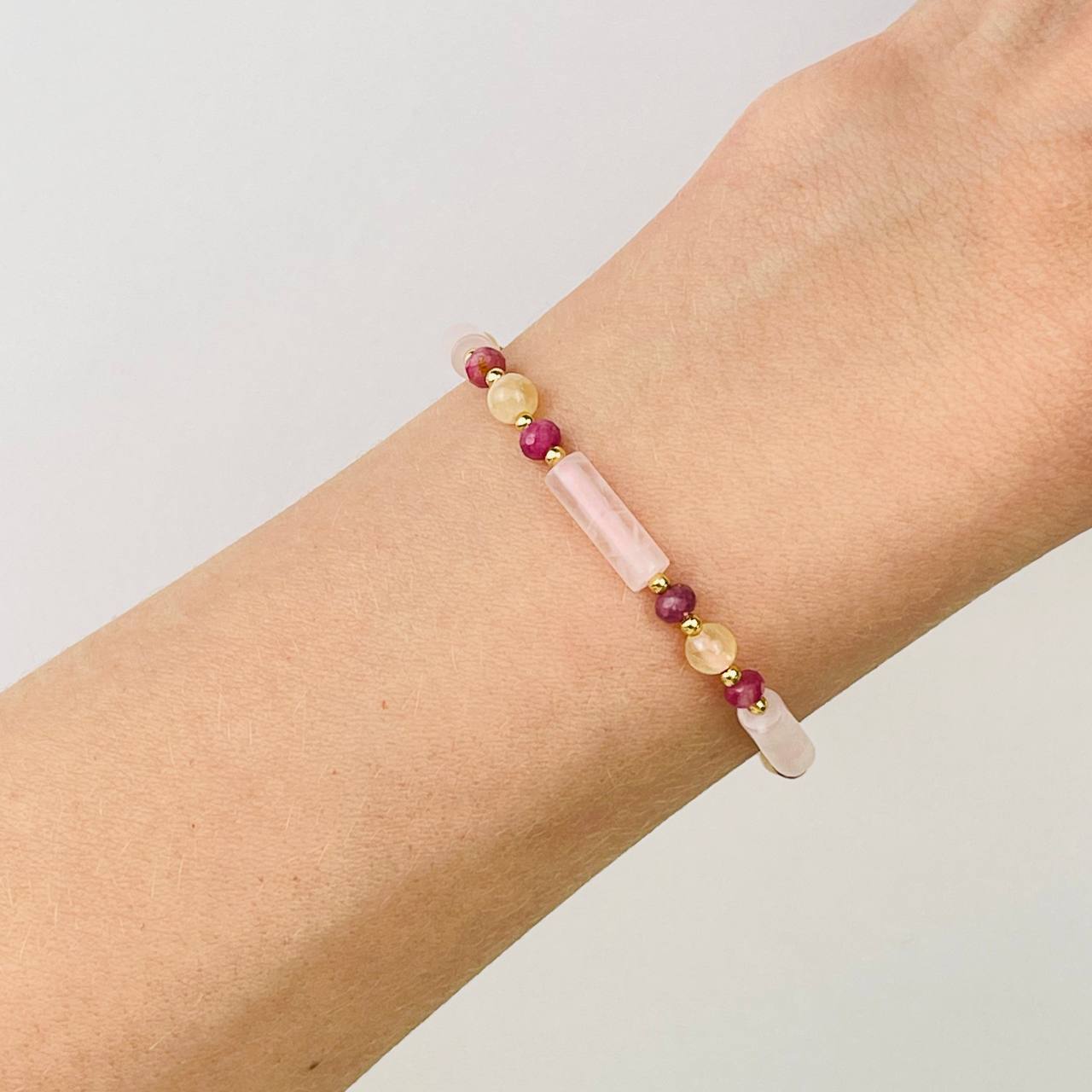 Радуга Самоцветов Браслет из Розового кварца, Селенита и Турмалина