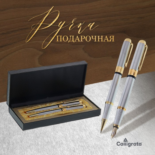 Набор подарочных ручек Calligrata «Платина» 2 шт.: перьевая, капиллярная, в кожзам футляре, серебристые с золотыми вставками
