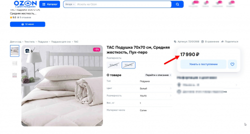 РОЗНИЦА ок 17000 р! 300.7314 TAC Подушка CLASSIC пух/перо 70х70см Уценка! В наполнителе ощущаются жёсткие перья (возврату не подлежит)