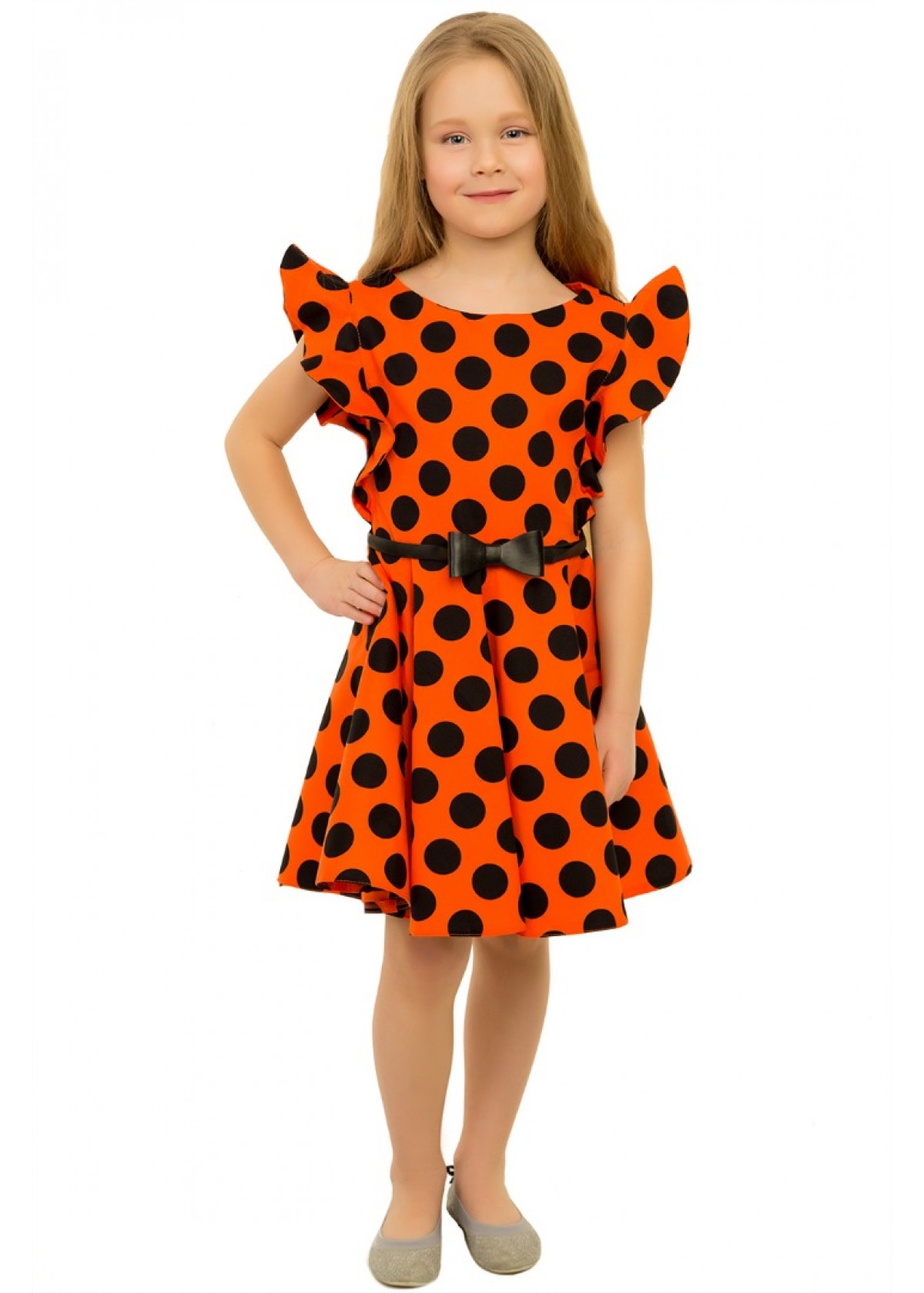Купить детское оранжевое платье в горох