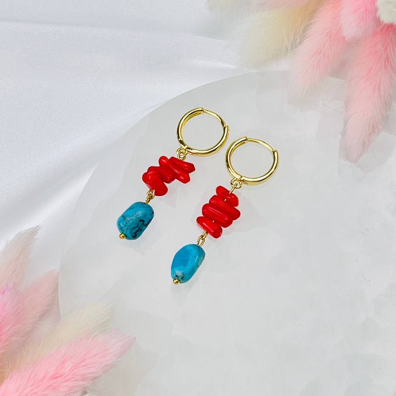 Радуга Самоцветов Серьги из Бирюзы и Коралла