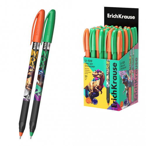 Ручка шариковая ErichKrause U-109 Stick&Grip Dino Art 1.0, Ultra Glide Technology, цвет чернил синий (в коробке по 50 шт.)
