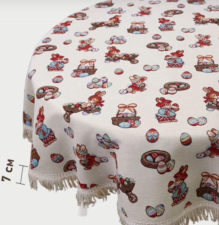 Зайчики кролики Корзинка Скатерть круг д140 см Бахрома 2517240