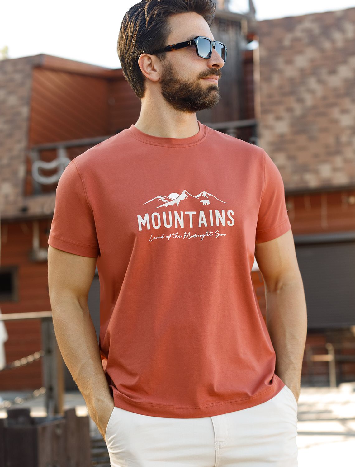 Футболка из премиального хлопка с авторским принтом U49.045 кирпичный_горы