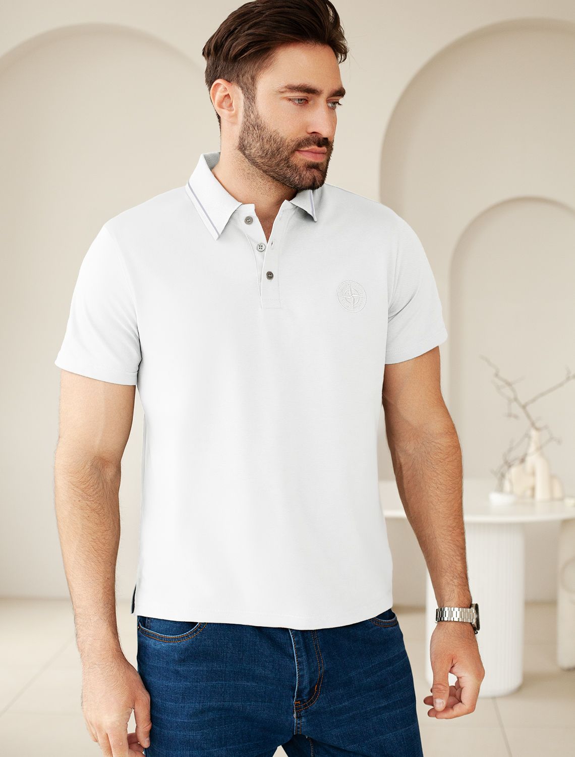 Ст.цена 1290р Футболка-поло из фактурного трикотажа U49.017 белый с полосой