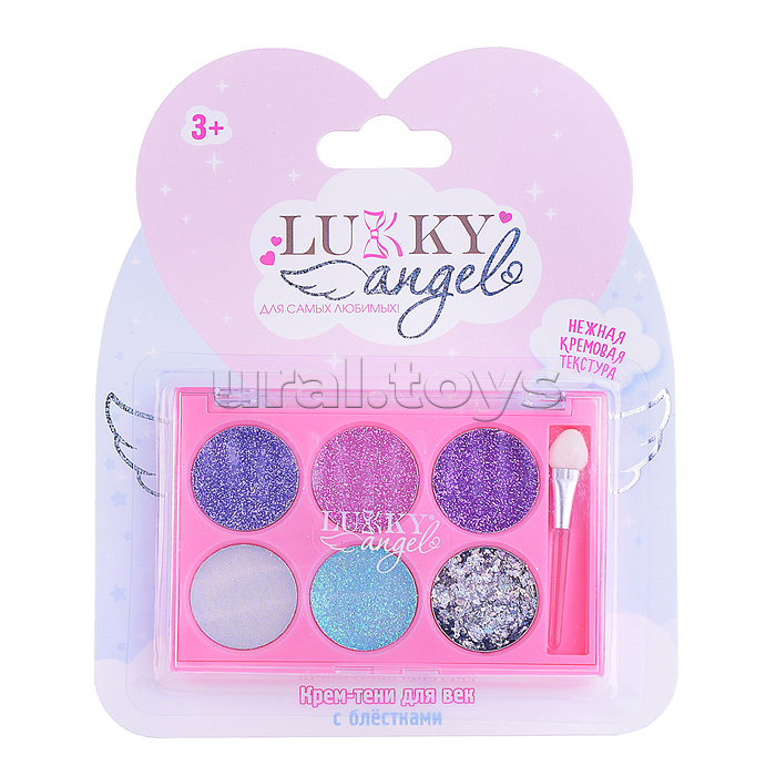 Крем-тени для век Lukky Angel с блёстками, с аппликатором, 6 цв.(фиолетовый, розовый, сиреневый, белый, бирюзовый, перламутровый),6г, блистер