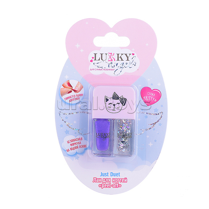 Двойные лаки для ногтей Lukky Angel Just Duet кол-я Kitty, темно-фиолетовый с блестками и серебряный с блестками, блистер, 2 по 4 мл