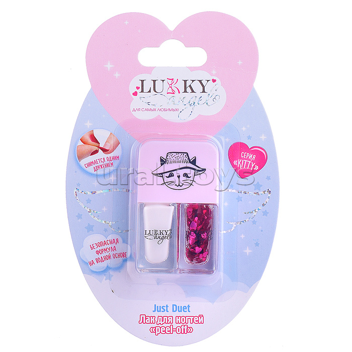 Двойные лаки для ногтей Lukky Angel Just Duet кол-я Kitty, серебряный металлик и красный с блестками, блистер, 2 по 4 мл
