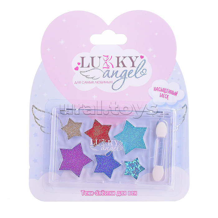 Тени для век Lukky Angel с блёстками, палетка с форм. Звездочки, 6 цветов: розов., золот., пурпур., изумруд., синий, цвет морской волны,5,4 г,с аппликатором, блистер
