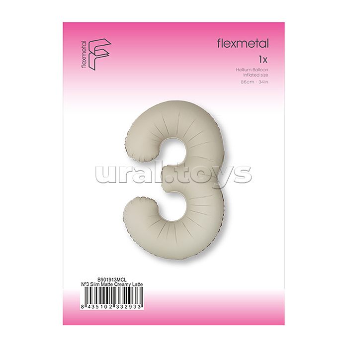 Шар (40''/102 см) Цифра, 3 Slim, Кремовый Латте, Матовый, 1 шт. в уп.