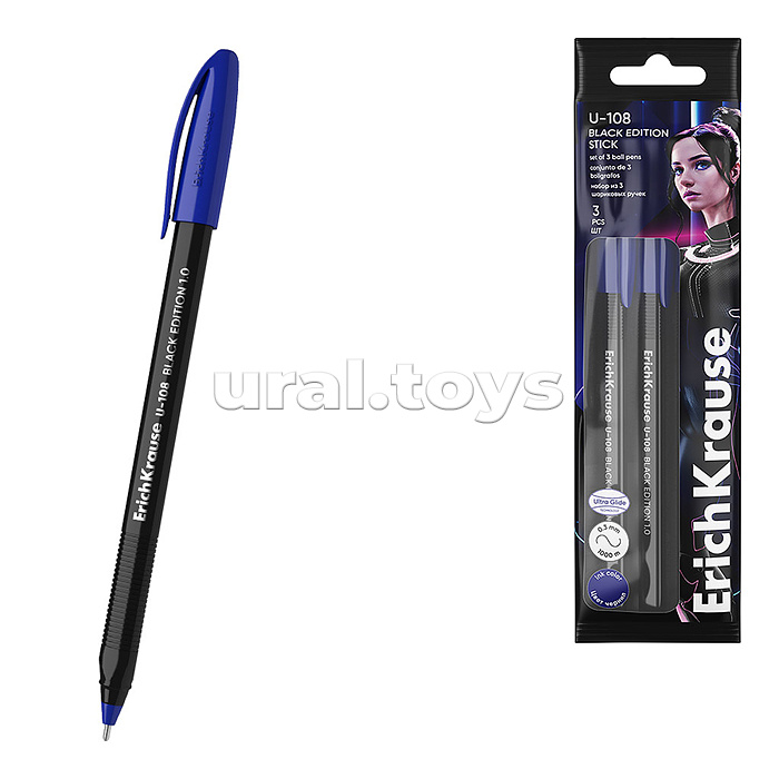 Набор из 3 ручек шариковых U-108 Stick Black Edition, 1.0, Ultra Glide Technology, цвет чернил синий (в пакете)