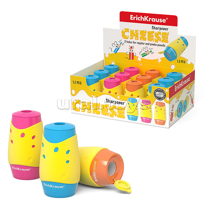 Точилка пластиковая Cheese, двойная, с контейнером, ассорти (в коробке-дисплее по 12 шт)