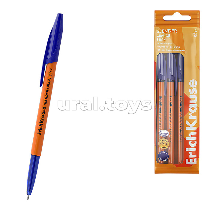 Набор из 4 ручек шариковых Slender Stick Orange 0.7, Super Glide Technology, цвет чернил синий (в пакете)
