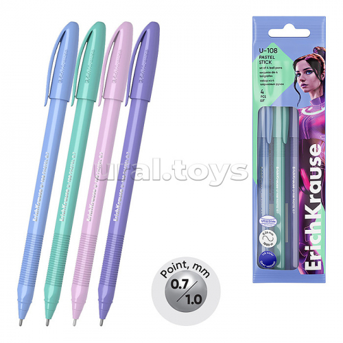 Набор из 4 ручек шариковых U-108 Stick Pastel, 0.7, Ultra Glide Technology, цвет чернил синий (в пакете)