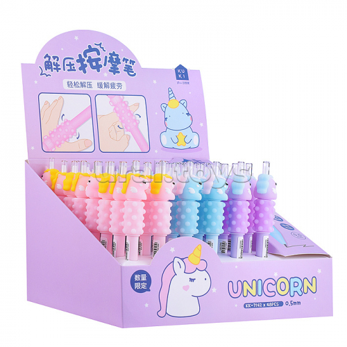 Ручка-антистресс гелевая автоматическая Unicorn, Синяя, игольчатый пиш. узел 0.5 мм, пластиковый корпус, ассорти 3 цвета, картонный дисплей