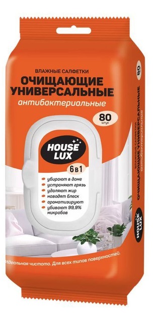 House Lux Влажные салфетки (80шт) Антибактериальные 6 в 1 с клапан. арт-2614.(240)