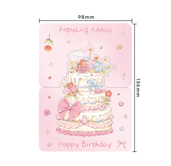 Открытка настольная Happy Birthday с фигурным тортом (Розовый торт с бантом)
