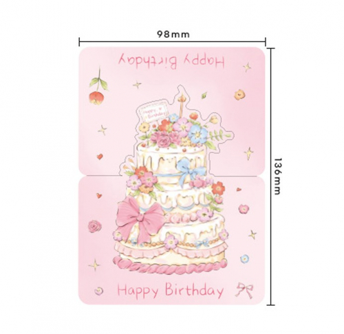 Открытка настольная Happy Birthday с фигурным тортом (Розовый торт с бантом)