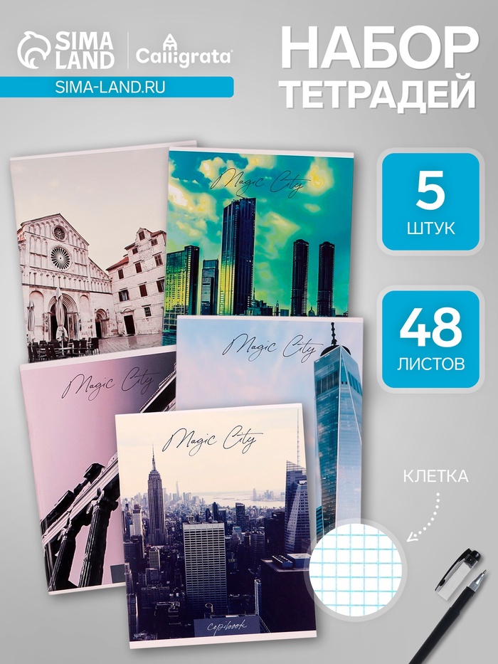 Набор тетрадей, 48 листов в клетку Calligrata «Города», серые листы, 5 штук