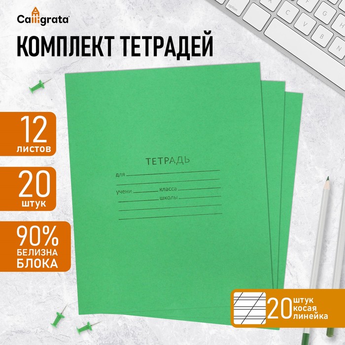 Набор тетрадей 12 листов в косую линейку «Зёленая обложка», 20 штук
