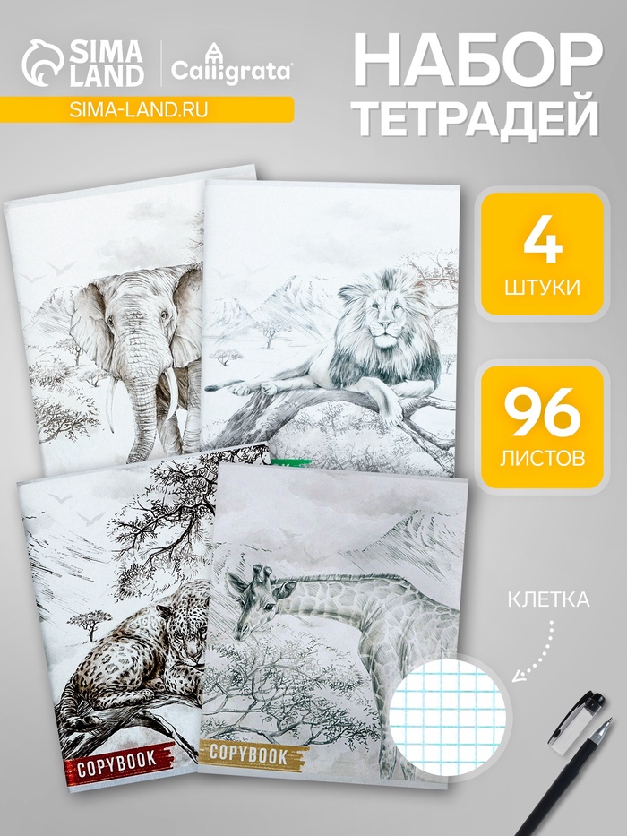 Комплект тетрадей из 4 штук, 96 листов в клетку Calligrata