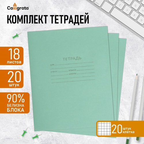 Набор тетрадей 18 листов в клетку КПК «Зелёная обложка»,белые листы, 20 шт.