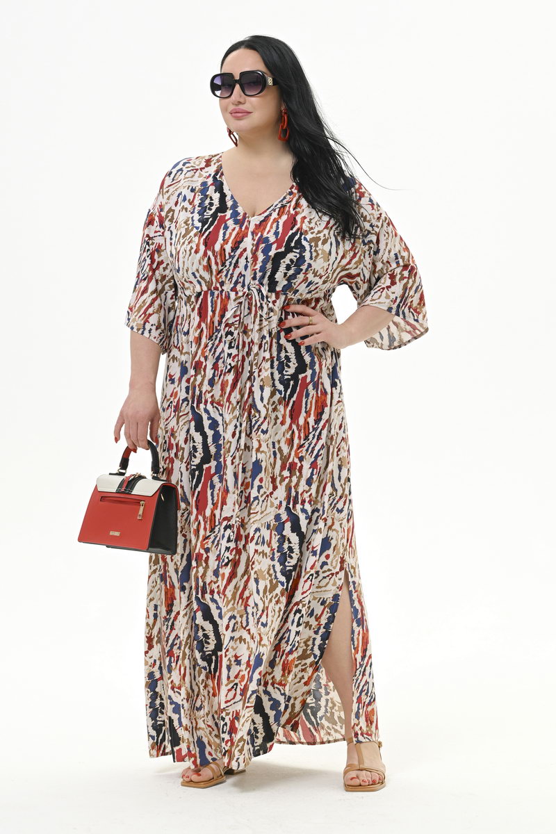Платье длинное с V-вырезом, с кулисой под линией груди, принт