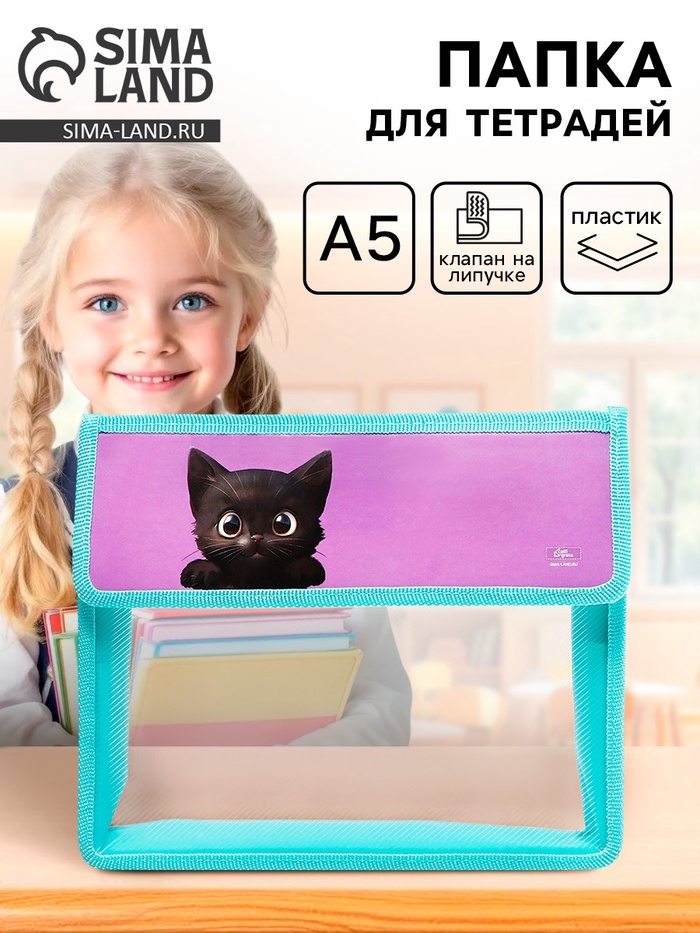 Папка для тетрадей, А5, пластиковая, 23×19×5 см «Котик черный»