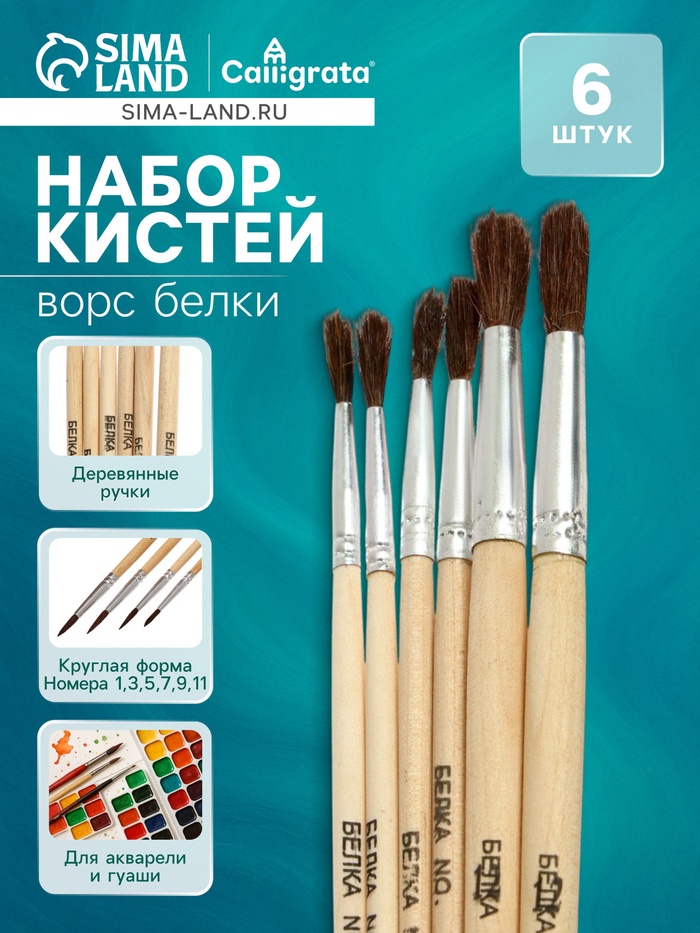 Набор кистей белка круглые 6 штук (№1,3,5,7,9,11) с деревянными ручками, блистер