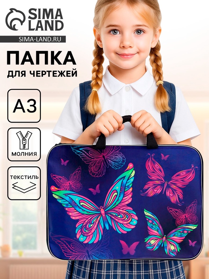 Папка с ручками, А3, текстильная, 47×35×2 см «Бабочки»
