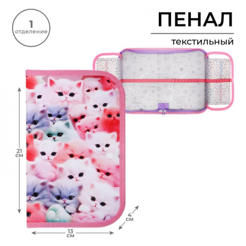Пенал 1 секция, 130×210×40 мм, 2 откидные планки, тканевый, «Котики пушистики»