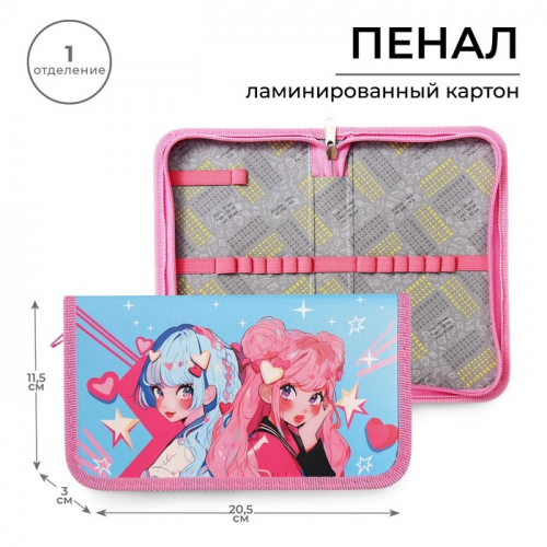 Пенал школьный, 1 секция, 11.5×20.5×3 см «Аниме подружки»
