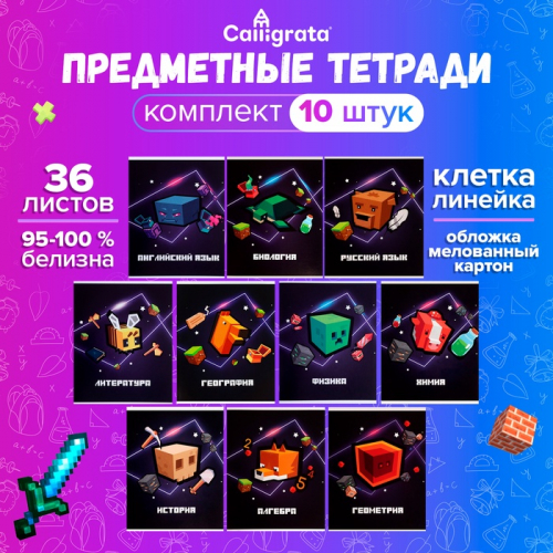 Набор предметных тетрадей А5, 36 листов Сalligrata «Пиксели», 10 предметов