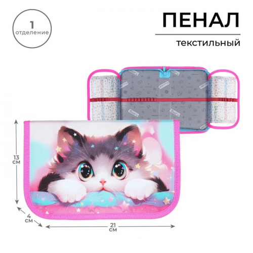 Пенал 1 секция, 130×210×40 мм, 2 откидные планки, тканевый, «Котик корея»