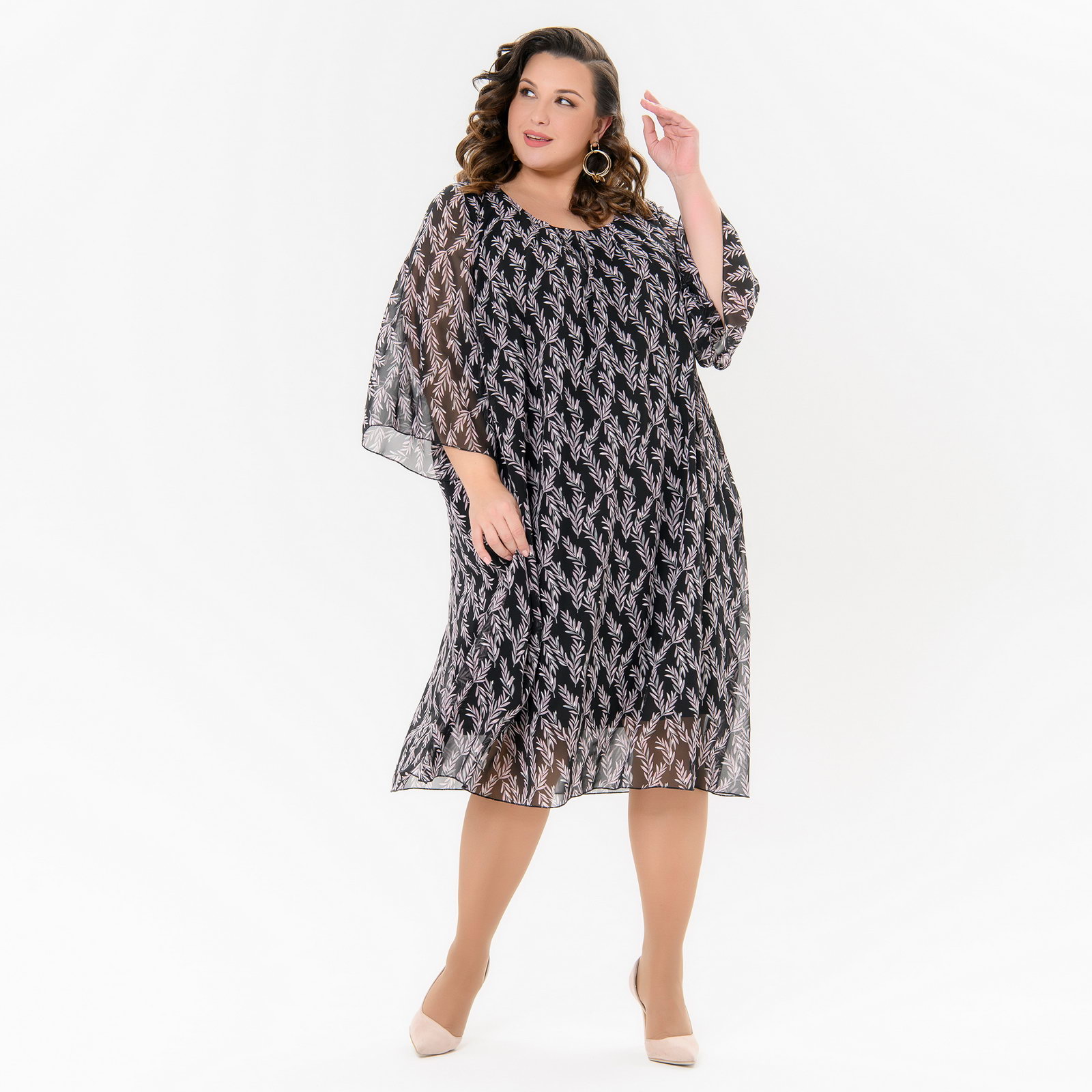 Платье силуэта трапеция, шифон черный, принт