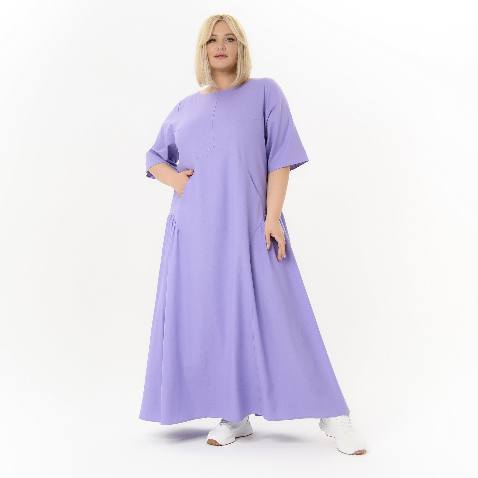 Платье длинное из льна, цвет лавандовый