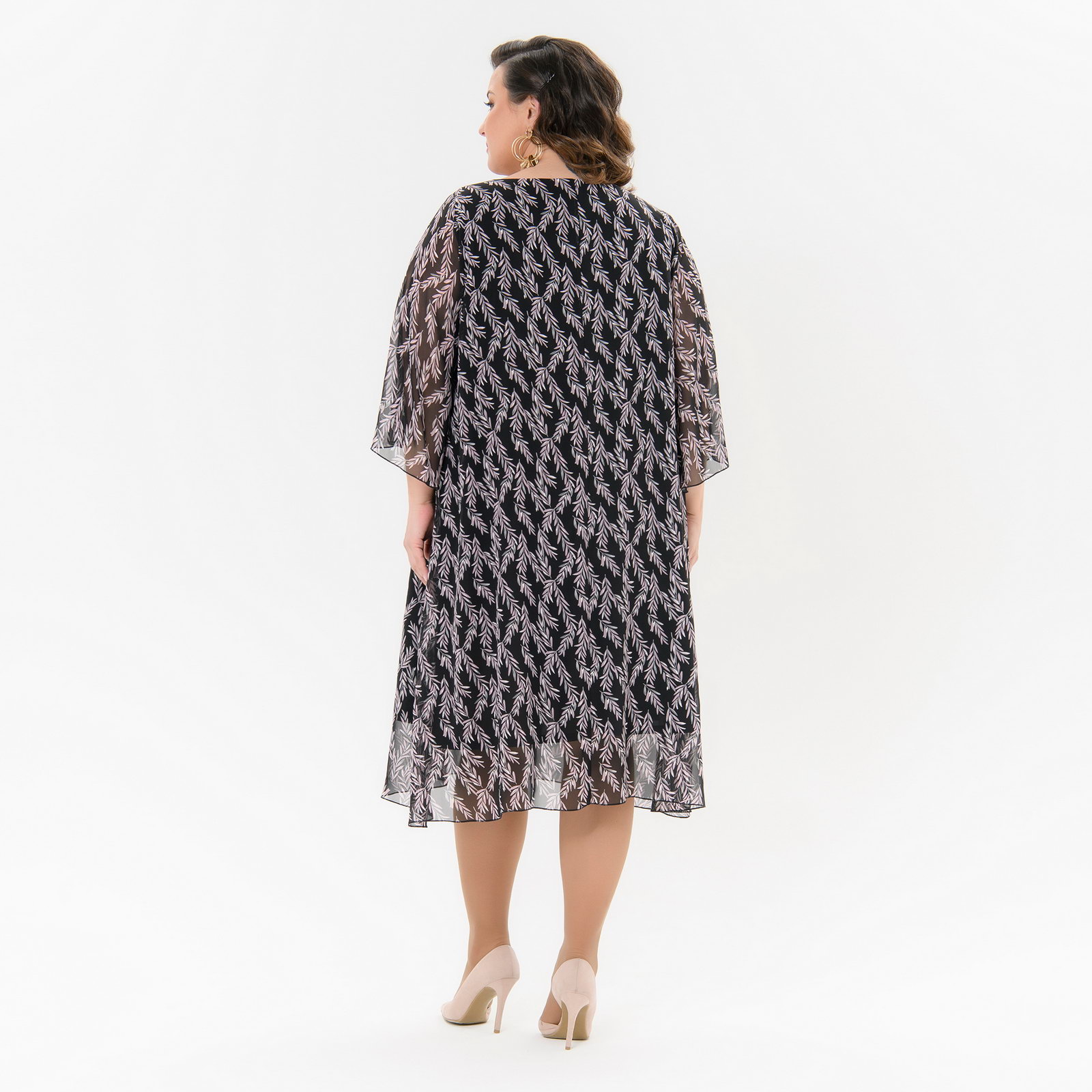 Платье силуэта трапеция, шифон черный, принт