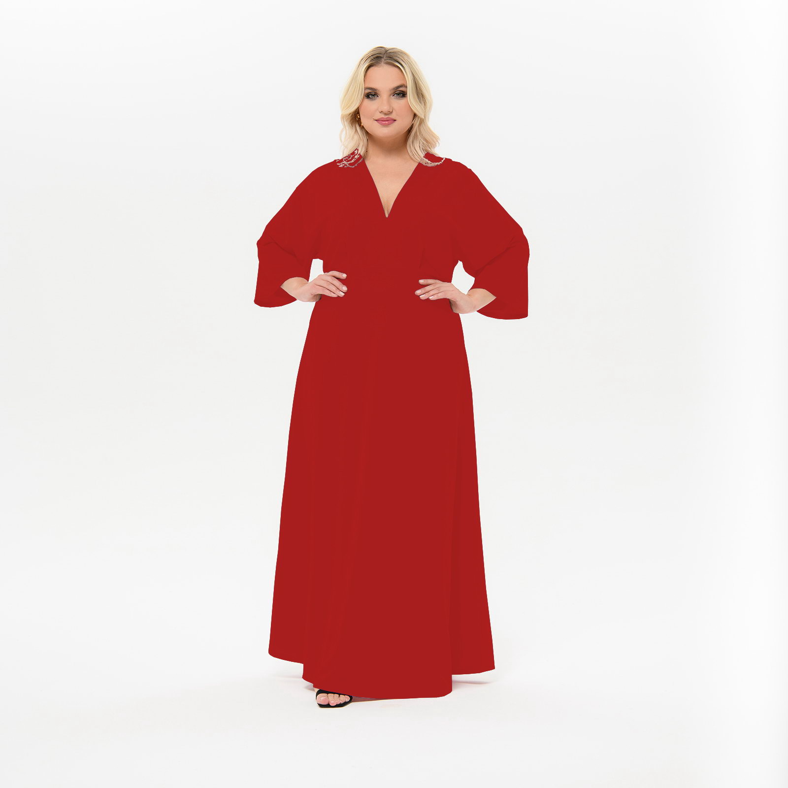 Платье длинное с V- вырезом, красный